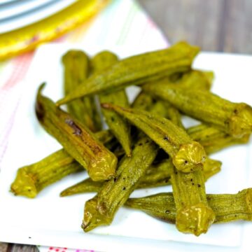 air fryer okra served on a white dish.